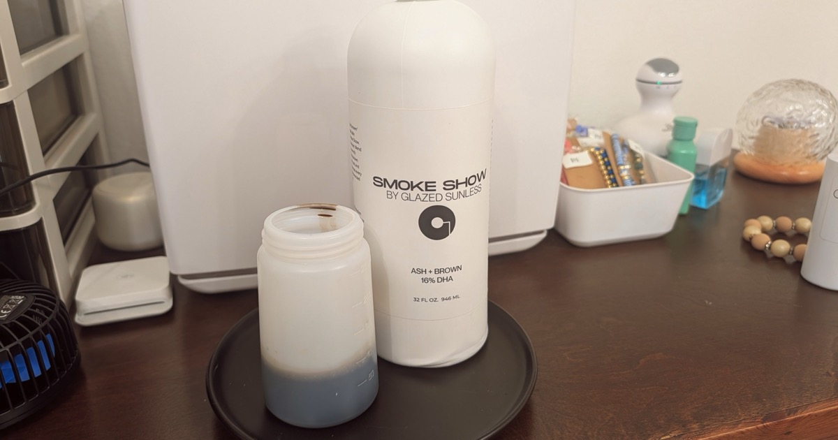 Smoke Show By Glazed Sunless 16% DHA spray tan solution (Ash + Brown, 32 fl oz) and measuring jar — the professional formula used at 33 Esthetics studio in Longwood, FL
